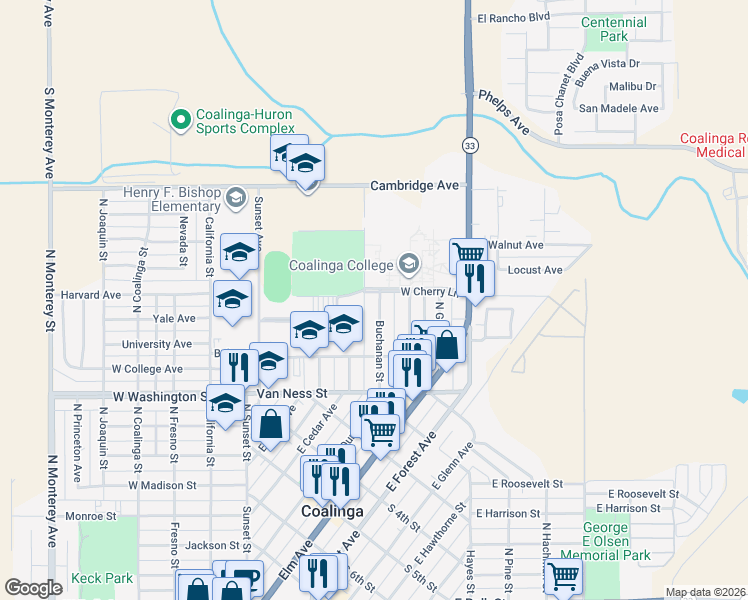 map of restaurants, bars, coffee shops, grocery stores, and more near 283 Buchanan Street in Coalinga