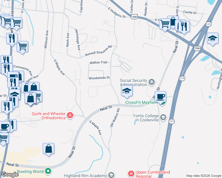map of restaurants, bars, coffee shops, grocery stores, and more near 829 Old Walton Road in Cookeville