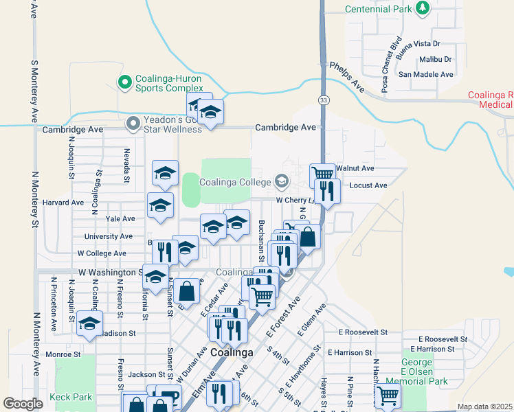 map of restaurants, bars, coffee shops, grocery stores, and more near 277 Buchanan Street in Coalinga