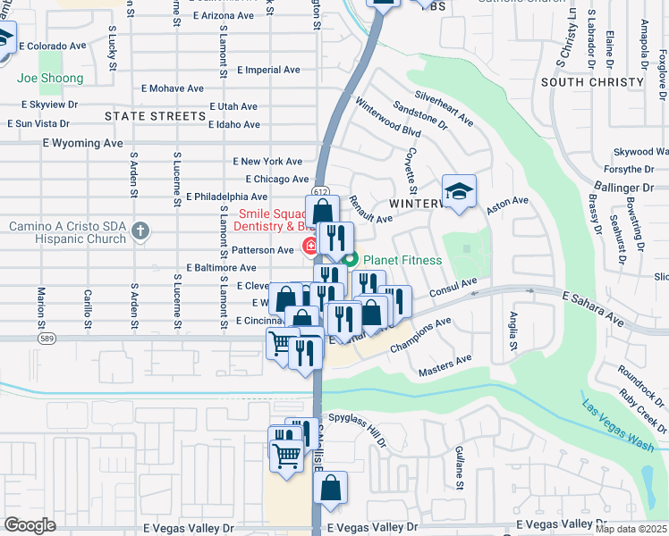 map of restaurants, bars, coffee shops, grocery stores, and more near 2208 South Nellis Boulevard in Las Vegas