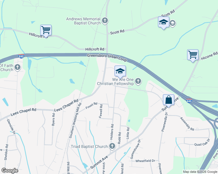 map of restaurants, bars, coffee shops, grocery stores, and more near in Greensboro