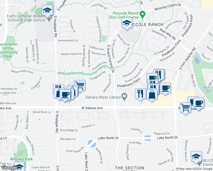 map of restaurants, bars, coffee shops, grocery stores, and more near 2100 Preakness Pass in Las Vegas