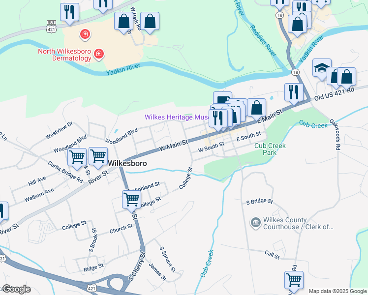map of restaurants, bars, coffee shops, grocery stores, and more near 301 West Main Street in Wilkesboro