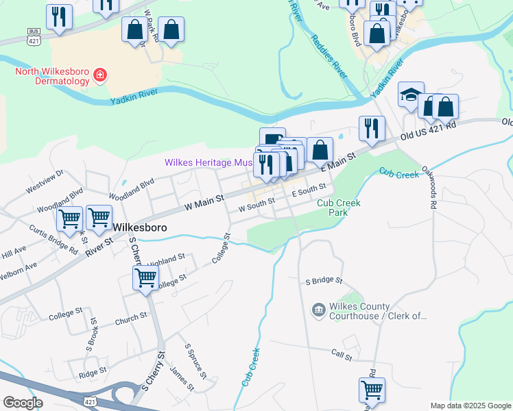 map of restaurants, bars, coffee shops, grocery stores, and more near South West Street in Wilkesboro