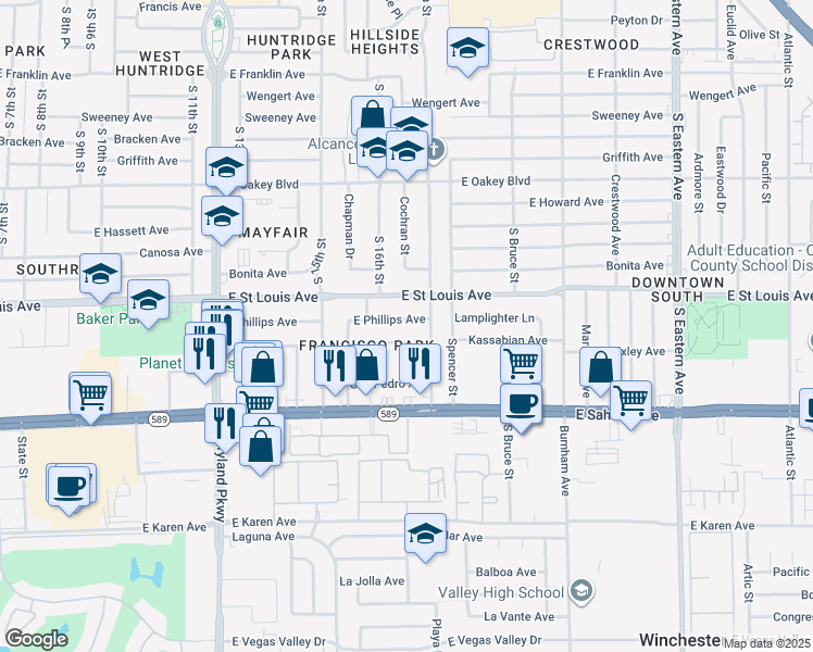 map of restaurants, bars, coffee shops, grocery stores, and more near 1626 East Phillips Avenue in Las Vegas