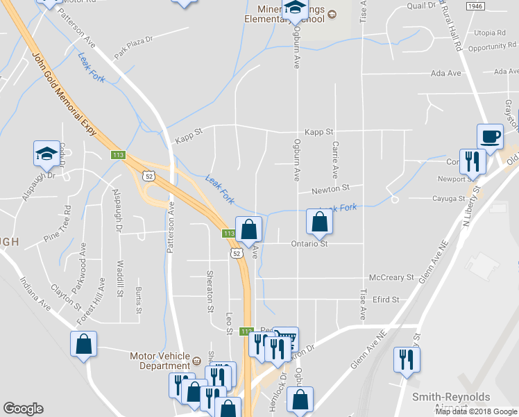 map of restaurants, bars, coffee shops, grocery stores, and more near 4255 Mineral Avenue in Winston-Salem