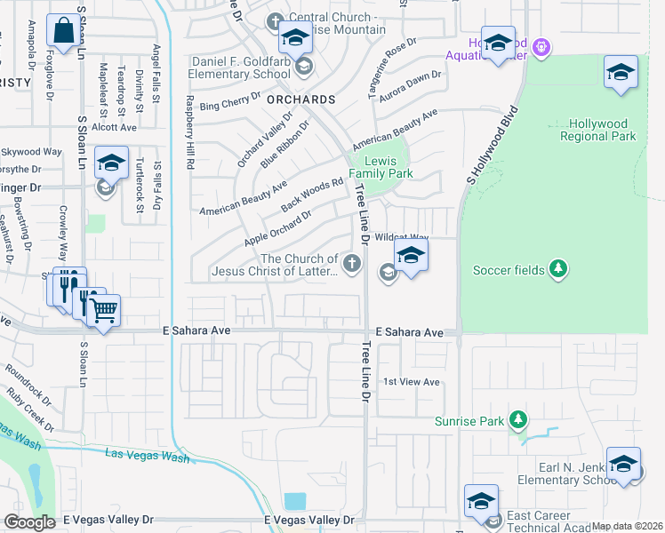 map of restaurants, bars, coffee shops, grocery stores, and more near 6329 Peach Orchard Road in Las Vegas