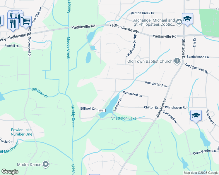 map of restaurants, bars, coffee shops, grocery stores, and more near 4009 Rookwood Lane in Winston-Salem