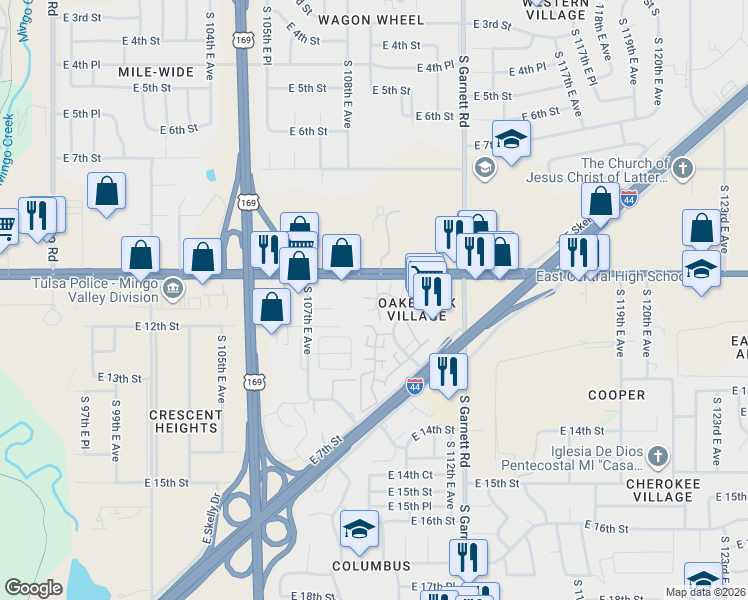 map of restaurants, bars, coffee shops, grocery stores, and more near 1131 South 110th East Avenue in Tulsa
