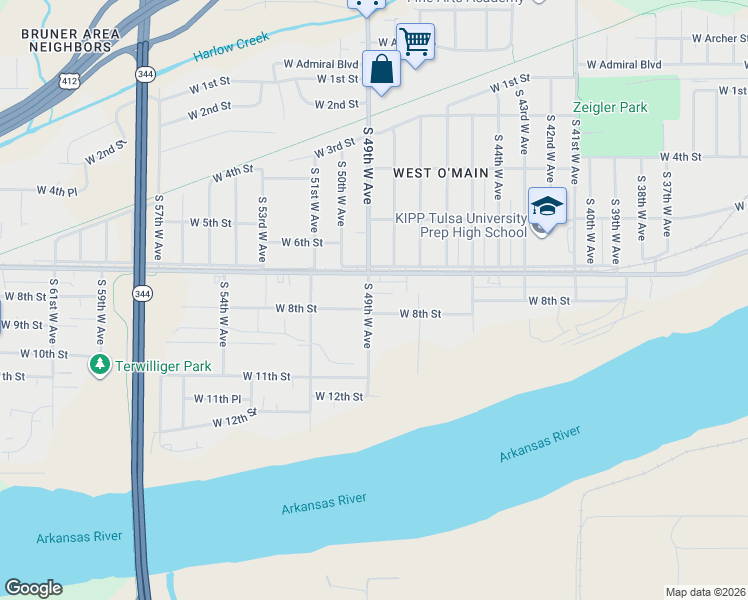 map of restaurants, bars, coffee shops, grocery stores, and more near 4733 West 8th Street in Tulsa