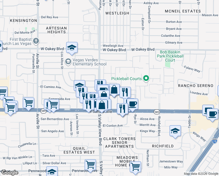 map of restaurants, bars, coffee shops, grocery stores, and more near 2301 South Valley View Boulevard in Las Vegas