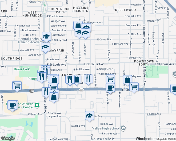 map of restaurants, bars, coffee shops, grocery stores, and more near 1626 East Phillips Avenue in Las Vegas