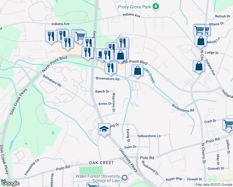 map of restaurants, bars, coffee shops, grocery stores, and more near 1853 Waycross Drive in Winston-Salem