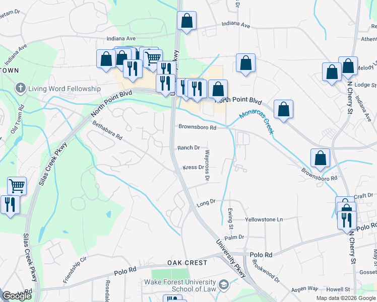 map of restaurants, bars, coffee shops, grocery stores, and more near 1048 Ranch Drive in Winston-Salem