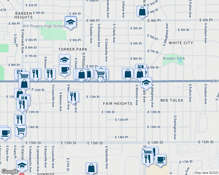 map of restaurants, bars, coffee shops, grocery stores, and more near 1121 South Sandusky Avenue in Tulsa
