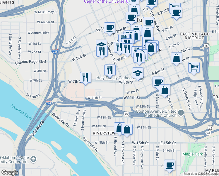 map of restaurants, bars, coffee shops, grocery stores, and more near 410 West 7th Street in Tulsa