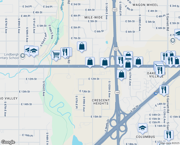 map of restaurants, bars, coffee shops, grocery stores, and more near 1124 South 101st East Avenue in Tulsa