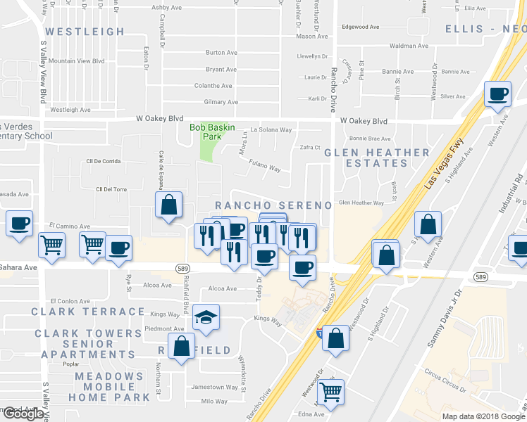 map of restaurants, bars, coffee shops, grocery stores, and more near 2209 Paseo Del Prado in Las Vegas
