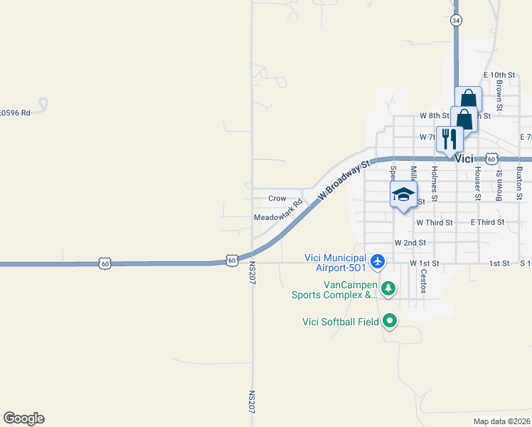 map of restaurants, bars, coffee shops, grocery stores, and more near 319 Meadowlark Road in Vici