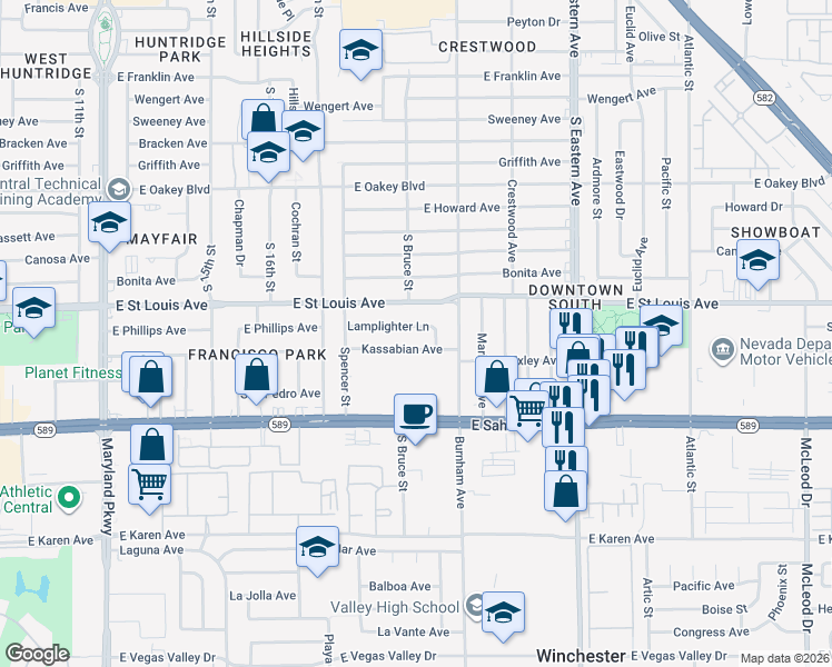 map of restaurants, bars, coffee shops, grocery stores, and more near 1804 Lamplighter Lane in Las Vegas