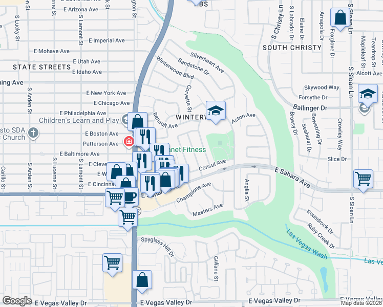 map of restaurants, bars, coffee shops, grocery stores, and more near 2293 Caravelle Street in Las Vegas