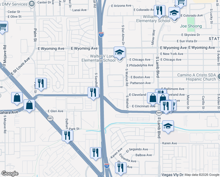 map of restaurants, bars, coffee shops, grocery stores, and more near 2265 Saint Paul Way in Las Vegas
