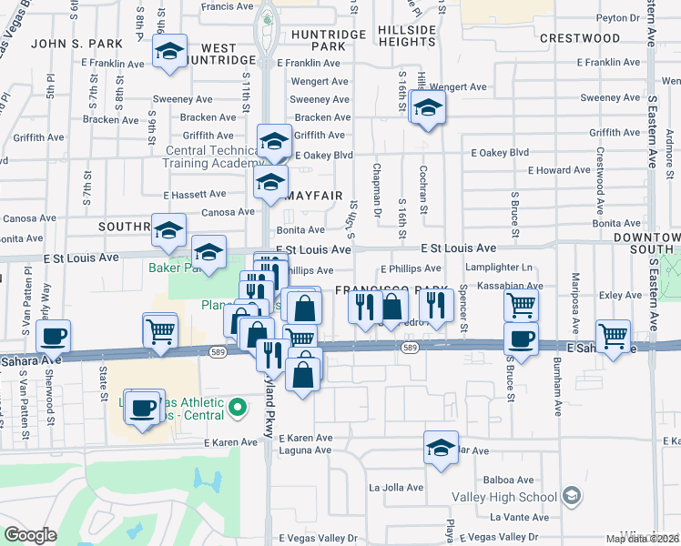 map of restaurants, bars, coffee shops, grocery stores, and more near 1404 East Phillips Avenue in Las Vegas