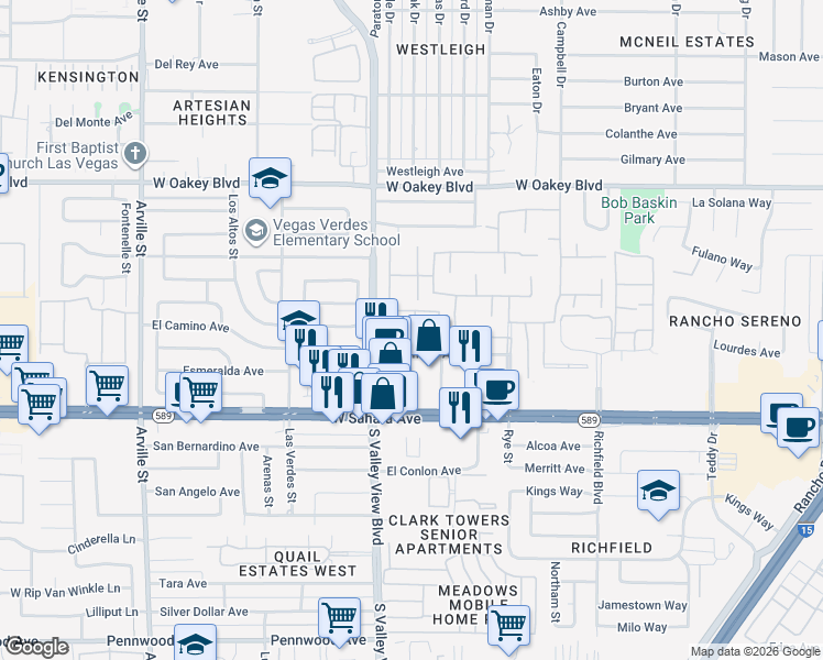 map of restaurants, bars, coffee shops, grocery stores, and more near 2301 South Valley View Boulevard in Las Vegas