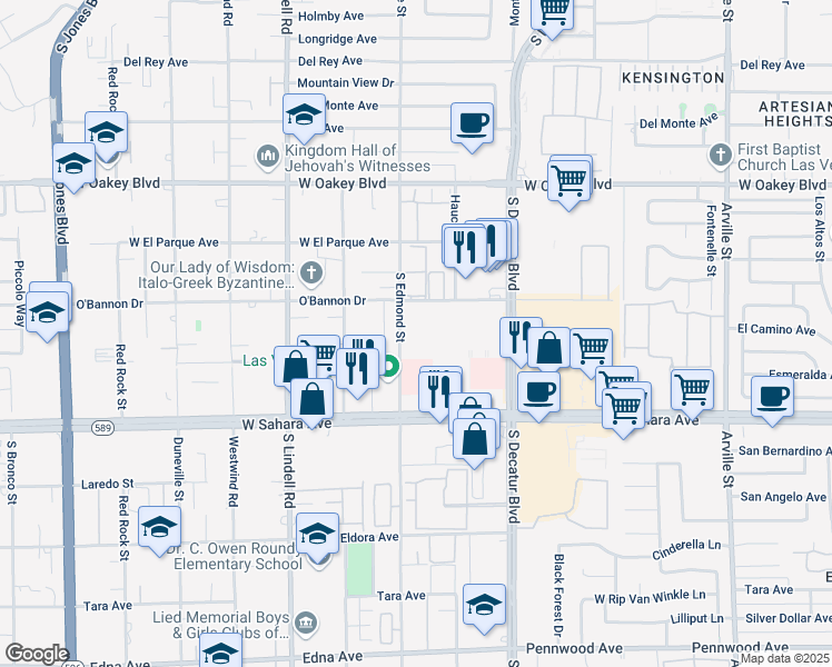 map of restaurants, bars, coffee shops, grocery stores, and more near 5100 O'Bannon Drive in Las Vegas