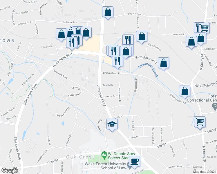 map of restaurants, bars, coffee shops, grocery stores, and more near 1060 Ranch Drive in Winston-Salem