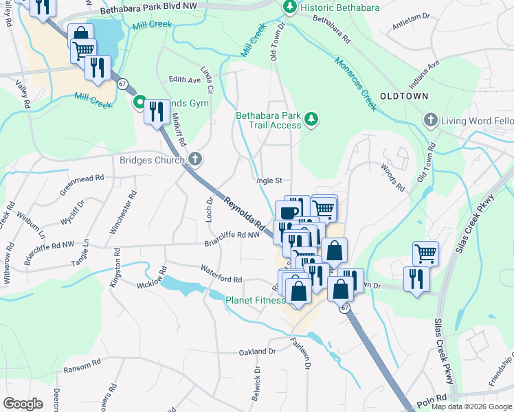 map of restaurants, bars, coffee shops, grocery stores, and more near 2945 Reynolda Road in Winston-Salem