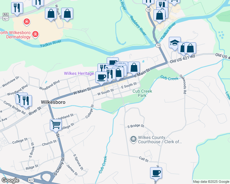 map of restaurants, bars, coffee shops, grocery stores, and more near 104 Henderson Drive in Wilkesboro