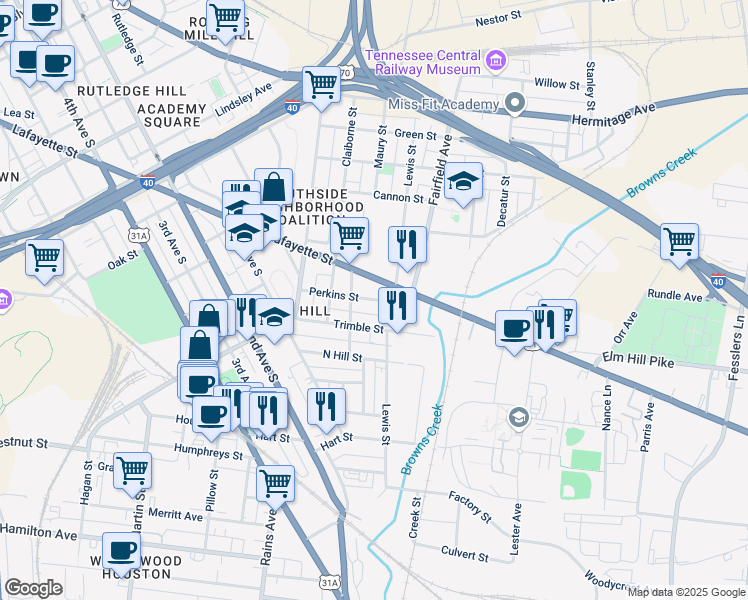 map of restaurants, bars, coffee shops, grocery stores, and more near 35 Perkins Street in Nashville