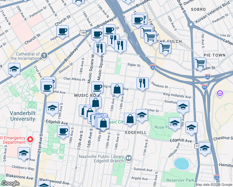 map of restaurants, bars, coffee shops, grocery stores, and more near 912 15th Avenue in Nashville