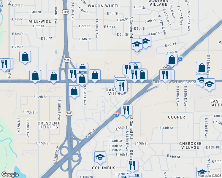 map of restaurants, bars, coffee shops, grocery stores, and more near 1131 South 110th East Avenue in Tulsa