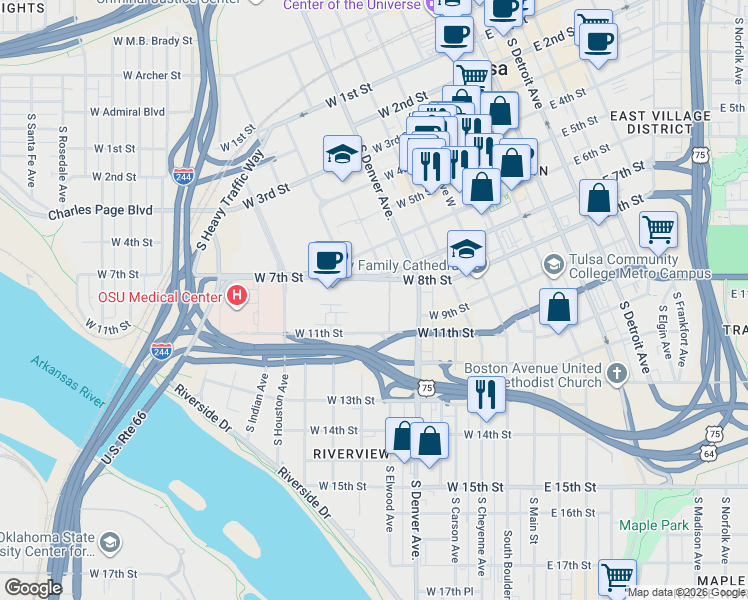 map of restaurants, bars, coffee shops, grocery stores, and more near 410 West 7th Street in Tulsa