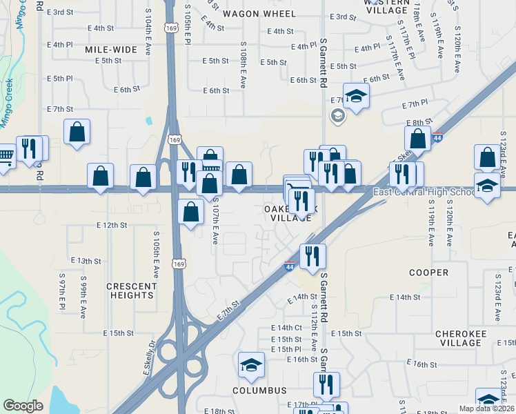 map of restaurants, bars, coffee shops, grocery stores, and more near 10911 East 11th Place in Tulsa