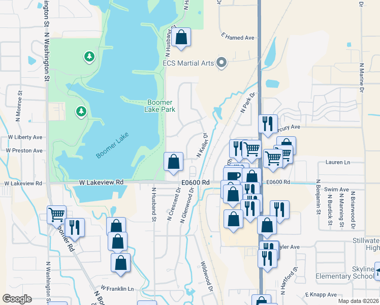 map of restaurants, bars, coffee shops, grocery stores, and more near 2401 North Glenwood Drive in Stillwater