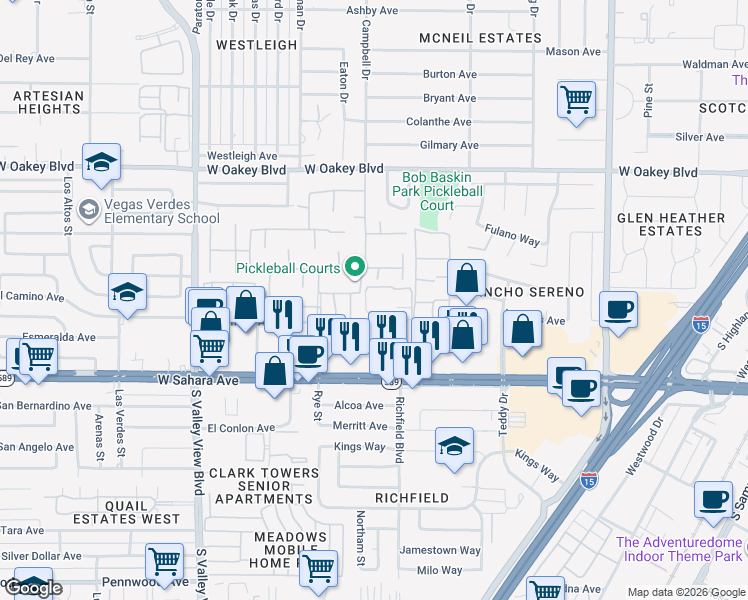 map of restaurants, bars, coffee shops, grocery stores, and more near 3078 El Camino Avenue in Las Vegas