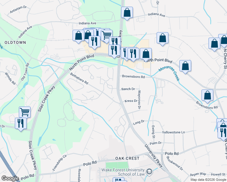 map of restaurants, bars, coffee shops, grocery stores, and more near 311 Scholastic Court in Winston-Salem