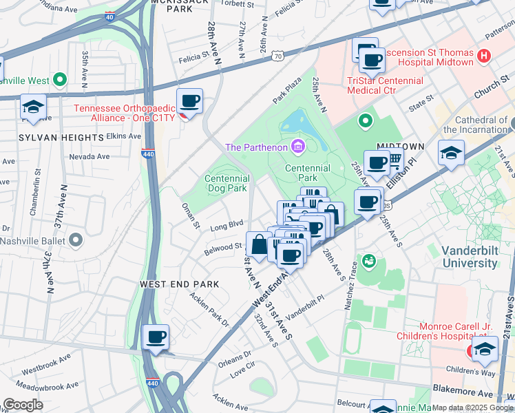 map of restaurants, bars, coffee shops, grocery stores, and more near 300 31st Avenue North in Nashville