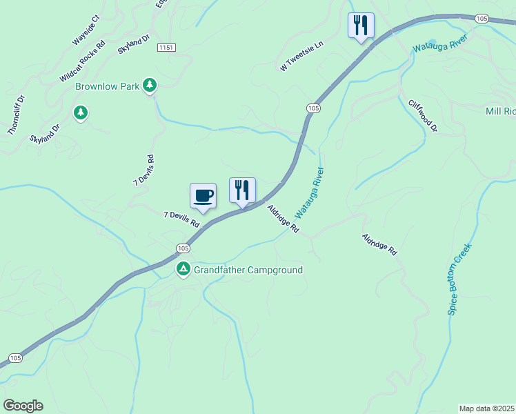 map of restaurants, bars, coffee shops, grocery stores, and more near 10521 North Carolina 105 in Banner Elk