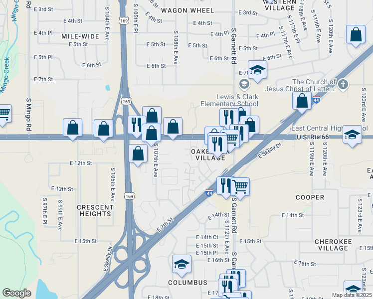 map of restaurants, bars, coffee shops, grocery stores, and more near 10911 East 11th Place in Tulsa