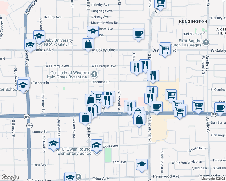 map of restaurants, bars, coffee shops, grocery stores, and more near 2117 Mission Peak Circle in Las Vegas
