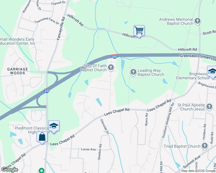 map of restaurants, bars, coffee shops, grocery stores, and more near 5001 Watlington Road in Greensboro