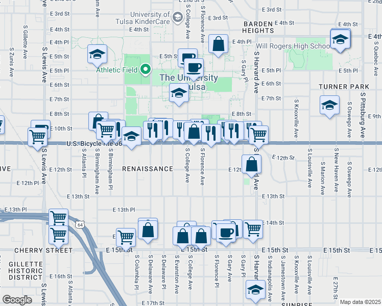 map of restaurants, bars, coffee shops, grocery stores, and more near 1115 South College Avenue in Tulsa