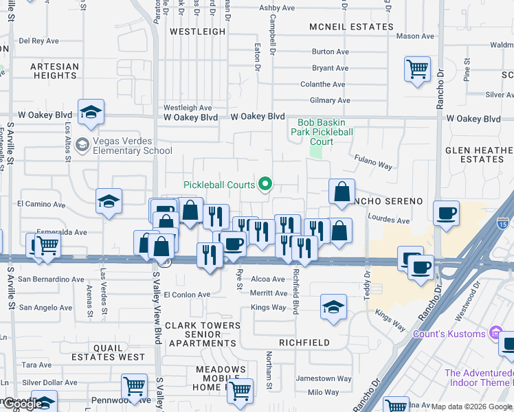 map of restaurants, bars, coffee shops, grocery stores, and more near 2304 Plaza Del Grande in Las Vegas