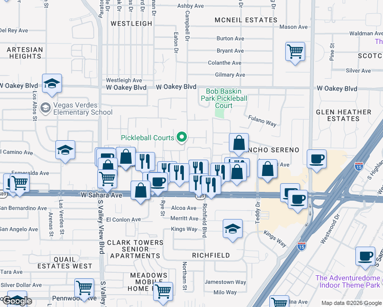 map of restaurants, bars, coffee shops, grocery stores, and more near 3078 El Camino Avenue in Las Vegas