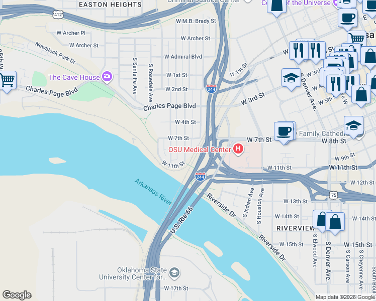 map of restaurants, bars, coffee shops, grocery stores, and more near 721 South Olympia Avenue in Tulsa