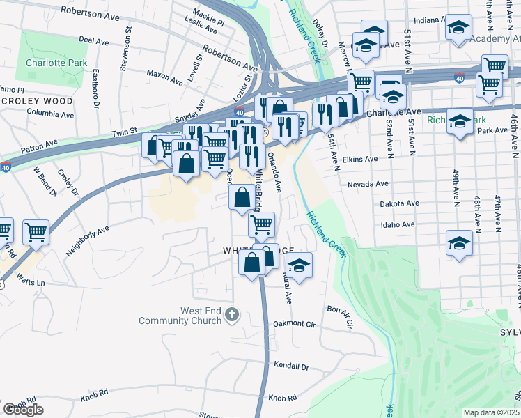 map of restaurants, bars, coffee shops, grocery stores, and more near 332 White Bridge Pike in Nashville